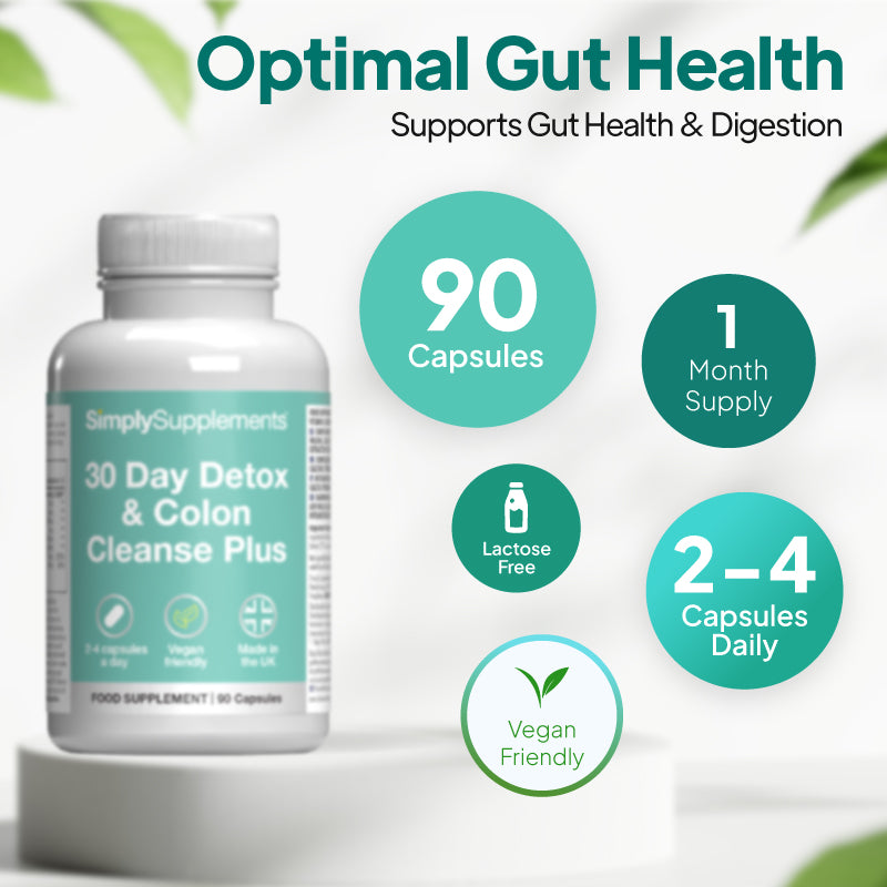 Simply Supplements 30 Day Detox and Colon Cleanse Plus supplement graphic showing 90 capsules, 1 month supply, 2 to 4 capsules daily, lactose free formula and vegan friendly profile.