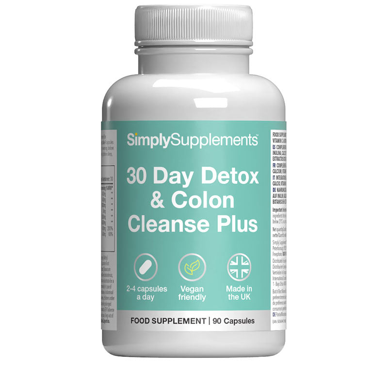 Supplement bottle labeled '30 Day Detox & Colon Cleanse Plus' by SimplySupplements on a white background.