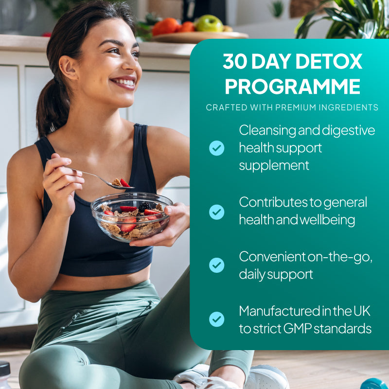 Simply Supplements 30 Day Detox and Colon Cleanse Plus lifestyle graphic highlighting cleansing and digestive health support, general wellbeing support, convenient daily use and UK GMP manufacturing.