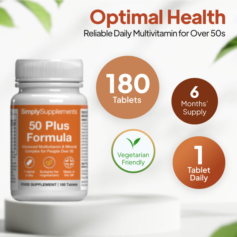 Simply Supplements 50 Plus Formula with 180 tablets. 6 months' supply. Take 1 tablet daily.