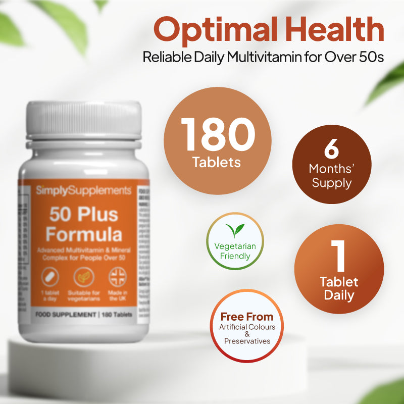 Simply Supplements 50 Plus Formula with 180 tablets. 6 months' supply. Take 1 tablet daily.