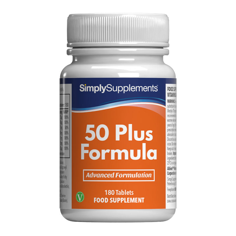 Supplement bottle labelled '50 Plus Formula' by Simply Supplements on a white background