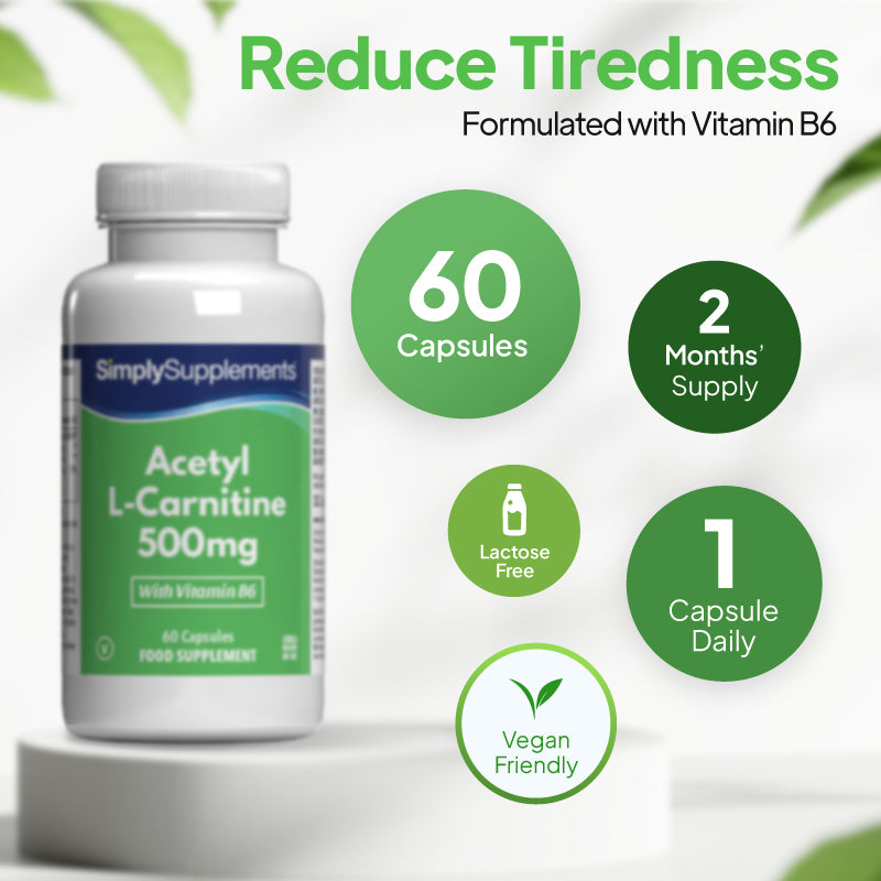Simply Supplements Acetyl L-Carnitine 500mg supplement graphic showing 60 capsules, 2 months supply, 1 capsule daily, lactose free formula and vegan friendly profile.