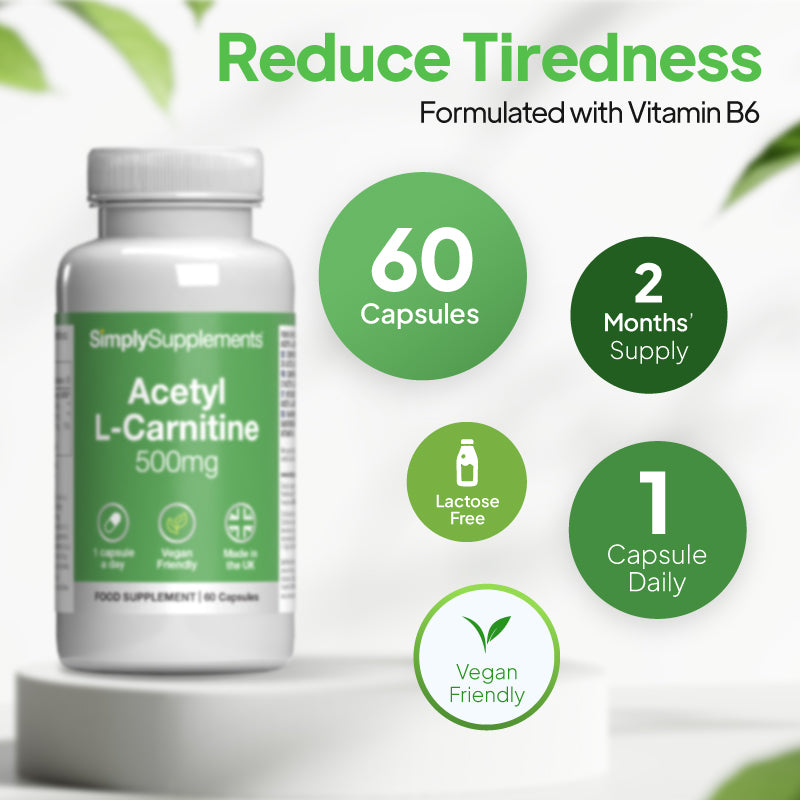 Simply Supplements Acetyl L-Carnitine 500mg supplement graphic showing 60 capsules, 2 months supply, 1 capsule daily, lactose free formula and vegan friendly profile.