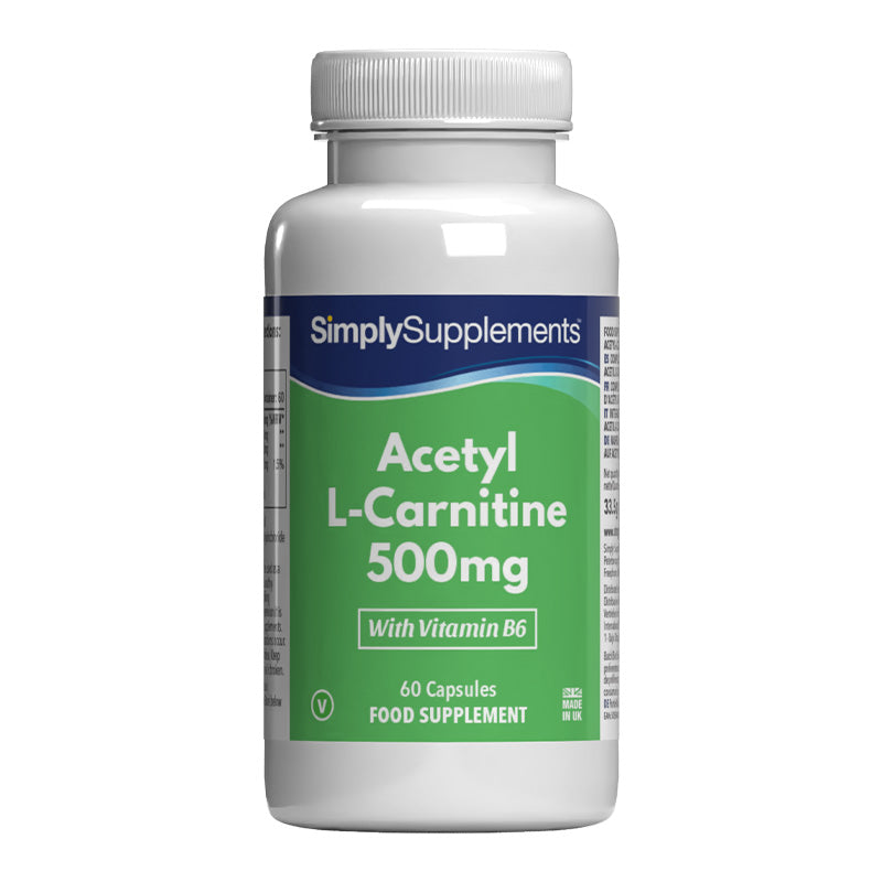 Supplement bottle of Acetyl L-Carnitine 500mg by Simply Supplements on a white background