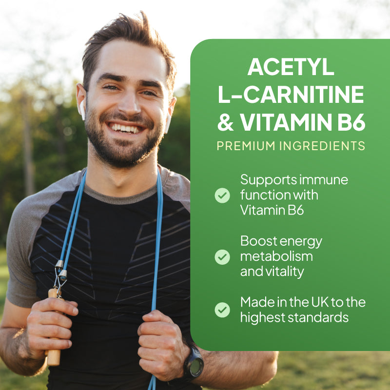 Simply Supplements Acetyl L-Carnitine lifestyle graphic highlighting premium acetyl L-carnitine with vitamin B6, immune function support, energy metabolism, vitality and UK-made quality.