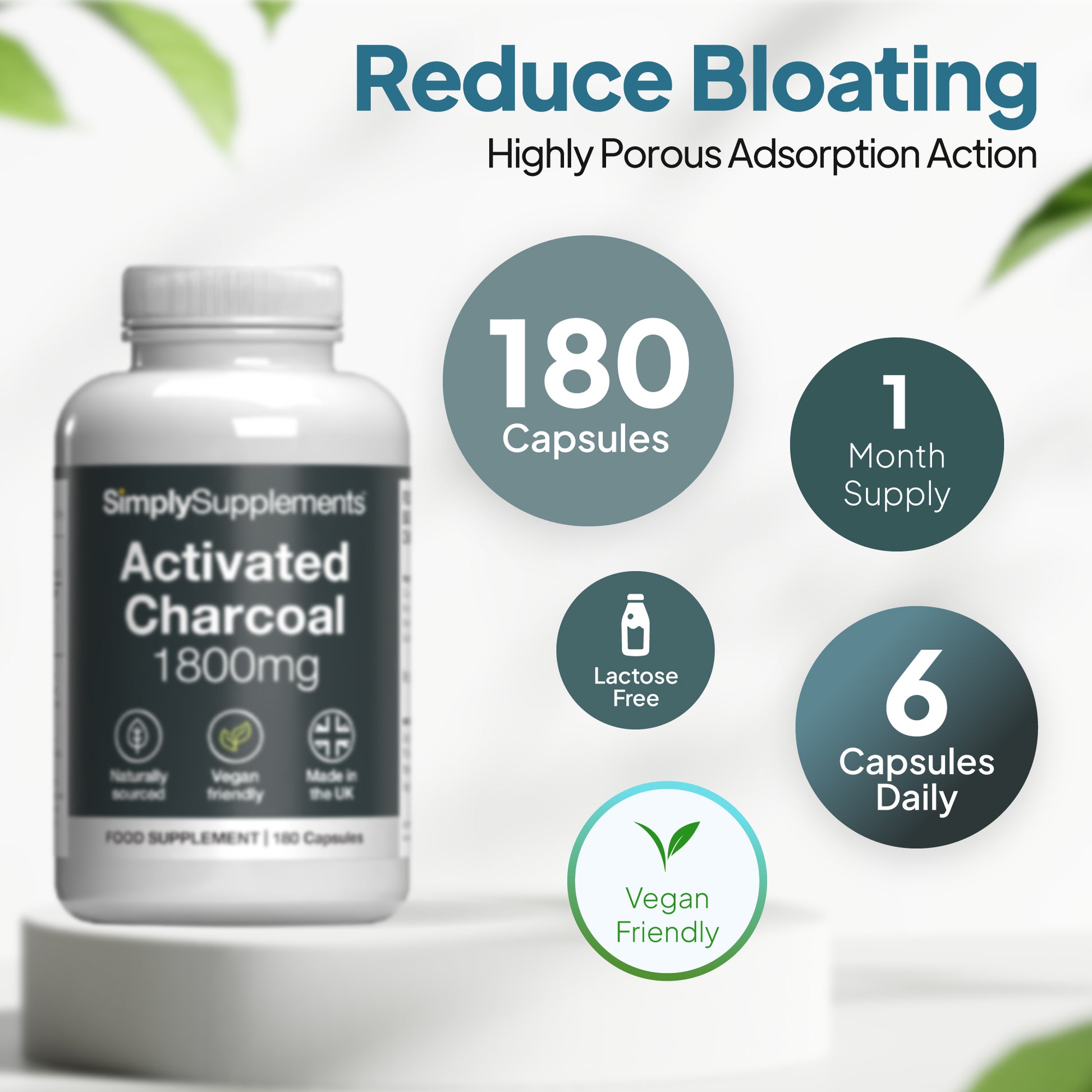 Product infographic for Simply Supplements Activated Charcoal 1800mg, showing the bottle on a pedestal against a light background with circular callouts stating 180 capsules, 1 month supply, 6 capsules daily, lactose free, and vegan friendly, under the headline “Reduce Bloating” and subheading “Highly Porous Adsorption Action.”