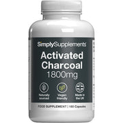 Supplement bottle labeled 'Simply Supplements Activated Charcoal 1800mg' on a white background