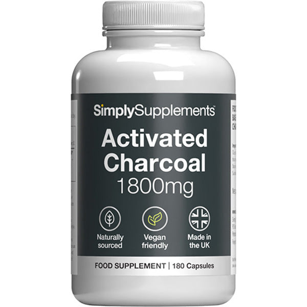 Supplement bottle labeled 'Simply Supplements Activated Charcoal 1800mg' on a white background
