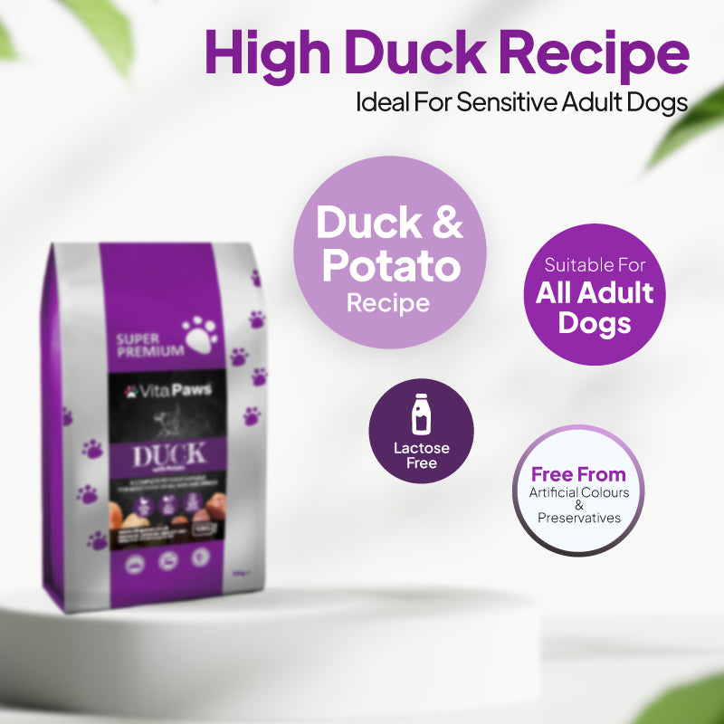 Duck with potato dog food recipe, suitable for all adult dogs, lactose free, 2kg and 12kg, and free from artificial colours and preservatives