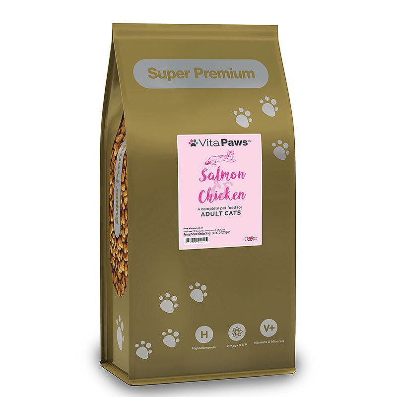 VitaPaws Super Premium Salmon and Chicken complete dry cat food bag adult cats with omega 3 and 6, vitamins and minerals, and a hypoallergenic recipe