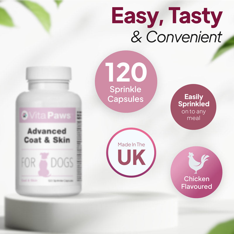 Dog coat and skin supplement with 120 sprinkle capsules, made in the UK, chicken flavoured and easy to sprinkle onto food