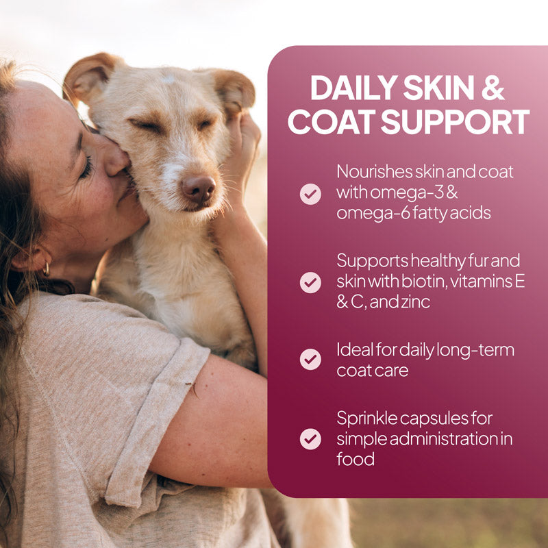 VitaPaws Advanced Coat and Skin supplement for dogs with flaxseed powder, brewers yeast, biotin, zinc, and vitamins E and C for healthy skin and fur