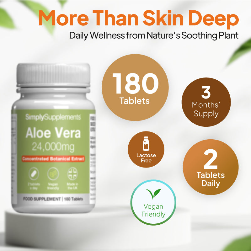Aloe Vera supplement bottle with dosage - 3months' supply (2 tablets daily). Lactose free. Vegan friendly