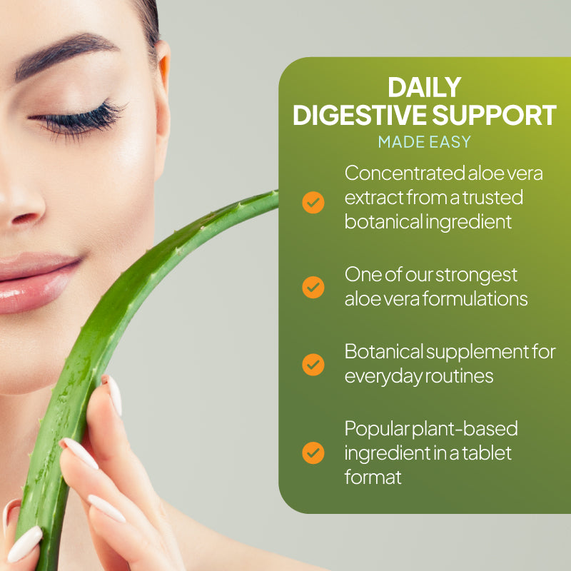A promotional graphic for a daily digestive support supplement. The left side shows a close-up of a woman holding a fresh green aloe vera leaf against her face.