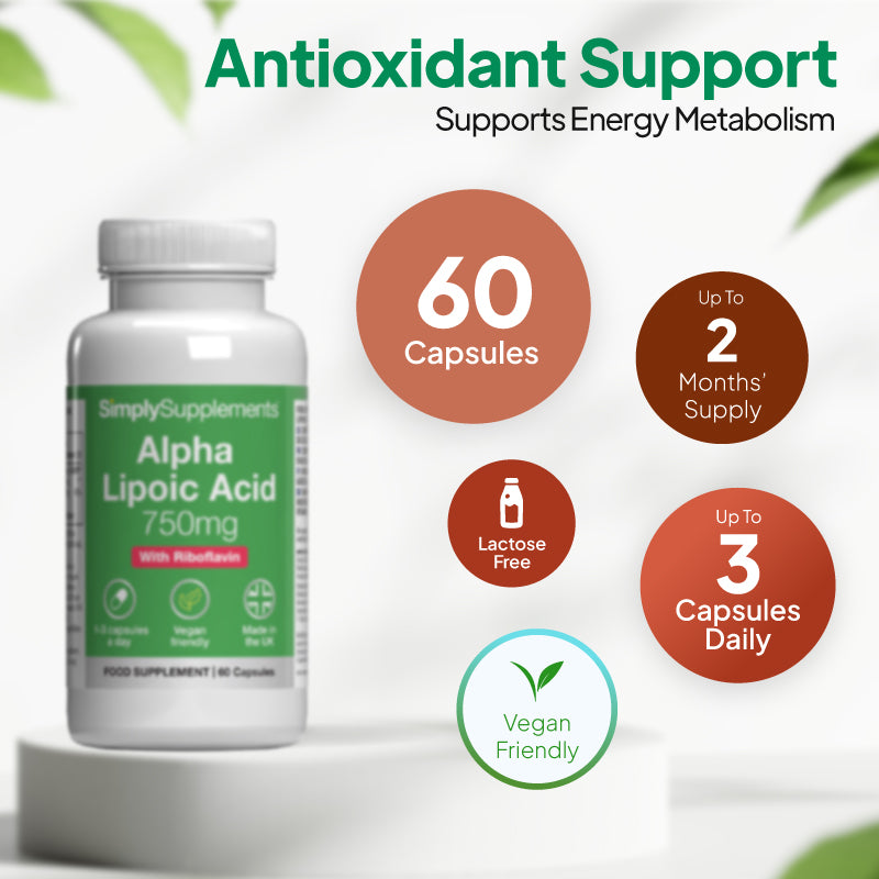 Product infographic for Simply Supplements Alpha Lipoic Acid 750mg showing 60 capsules, up to 2 months’ supply, up to 3 capsules daily, lactose free, and vegan friendly.