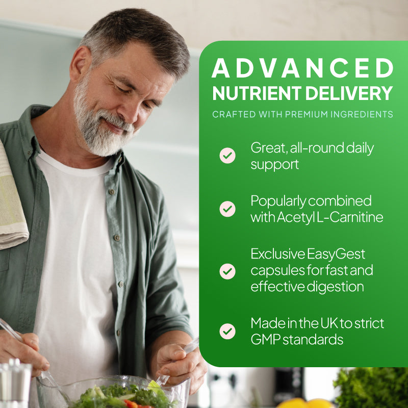 Lifestyle graphic for Simply Supplements Alpha Lipoic Acid 750mg showing a man preparing salad with claims including all-round daily support, commonly paired with Acetyl L-Carnitine, EasyGest capsules for fast digestion, and UK GMP-standard manufacturing.