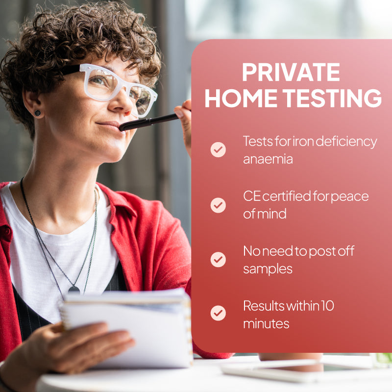 Lifestyle promotional graphic for the SELFCheck Iron Level Test, showing a person with short curly hair and glasses sitting indoors beside a pink-coral text panel reading “Private Home Testing,” with points highlighting testing for iron deficiency anaemia, CE certification for reassurance, no need to post off samples, and results within 10 minutes.