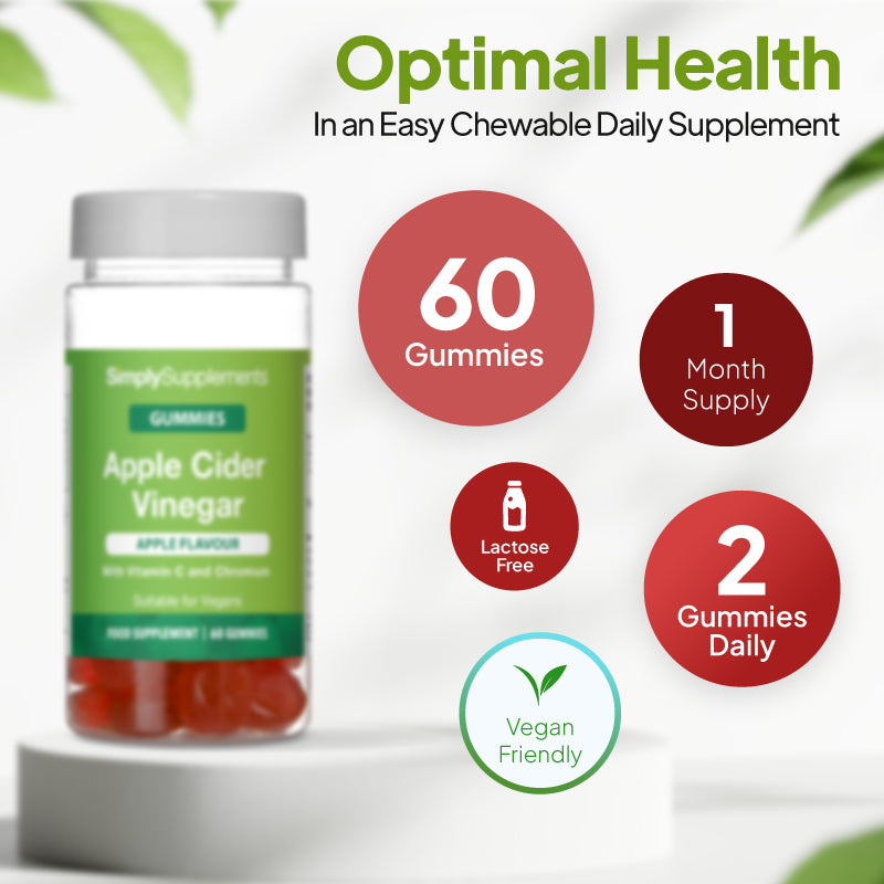 Apple Cider Vinegar gummies bottle image with 60 gummies, 1 month supply, lactose free, 2 gummies daily, and vegan friendly
