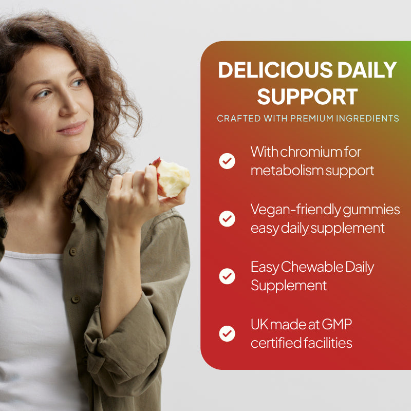 Apple Cider Vinegar gummies lifestyle benefits image showing claims about chromium for metabolism support, vegan-friendly gummies, an easy chewable daily supplement, and UK GMP-certified production
