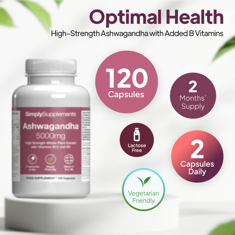 Product infographic for SimplySupplements Ashwagandha 5000mg, showing the bottle on a white pedestal against a light background with pink and plum circular callouts under the heading “Optimal Health” and subheading “High-Strength Ashwagandha with Added B Vitamins,” highlighting 120 capsules, 2 months’ supply, lactose free, vegetarian friendly, and 2 capsules daily.