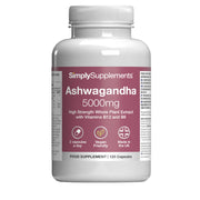 Supplement bottle labeled 'SimplySupplements Ashwagandha 5000mg' on a white background