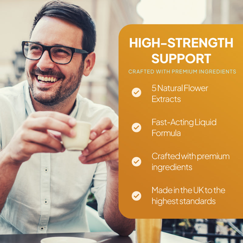 Lifestyle promotional graphic for Bach Original Flower Remedies Rescue Remedy Comfort & Reassure, showing a smiling man holding a small cup beside a large orange text panel reading “High-Strength Support,” with points highlighting 5 natural flower extracts, a fast-acting liquid formula, premium ingredients, and UK manufacture to the highest standards.