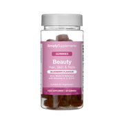 SimplySupplements Beauty Hair, Skin and Nails gummies food supplement with blueberry flavour, zinc, biotin, selenium, vitamins A, C, D and E, suitable for vegetarians, and 60 gummies