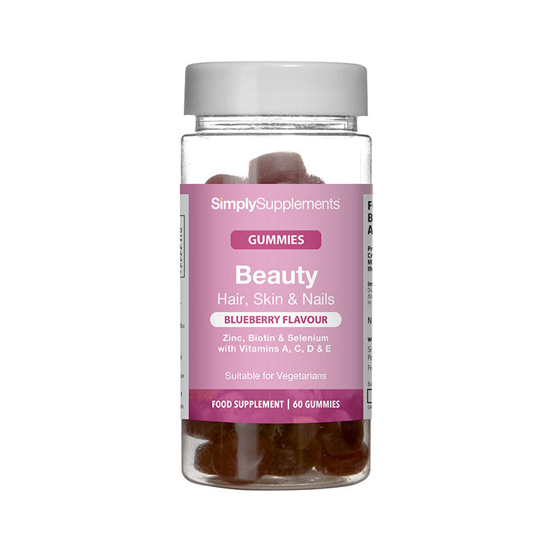 SimplySupplements Beauty Hair, Skin and Nails gummies food supplement with blueberry flavour, zinc, biotin, selenium, vitamins A, C, D and E, suitable for vegetarians, and 60 gummies