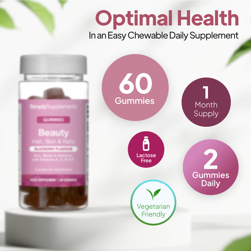 Beauty gummies bottle image with 60 gummies, 1 month supply, lactose free, 2 gummies daily, and vegetarian friendly