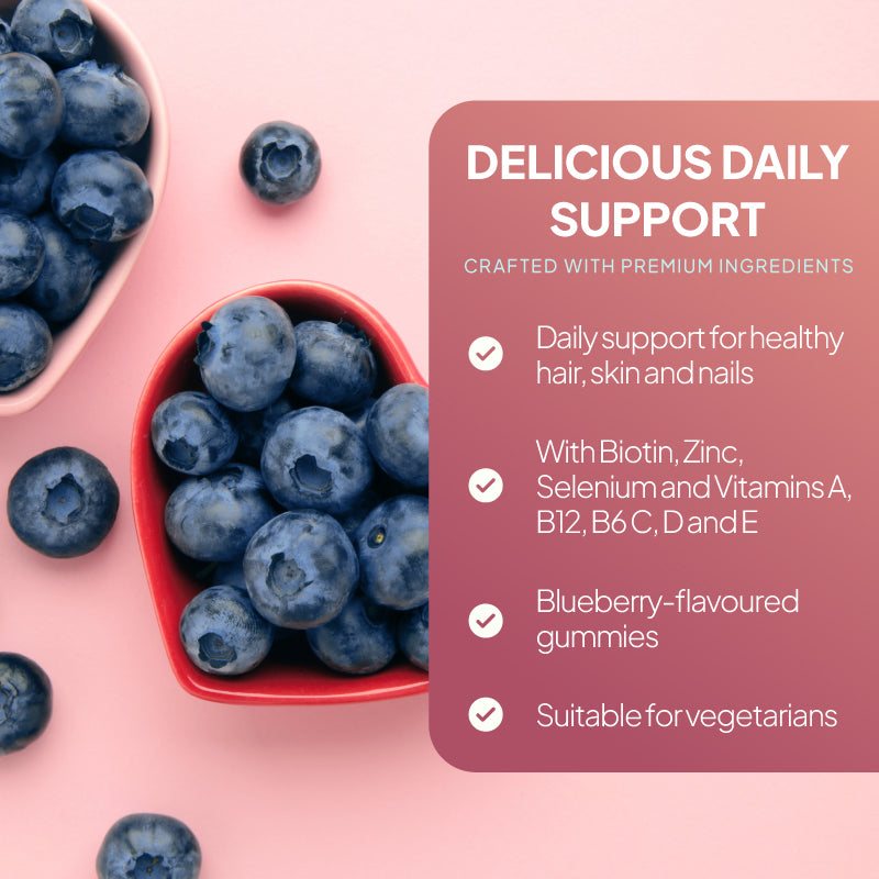Beauty gummies lifestyle benefits image showing fresh blueberries alongside claims about healthy hair, skin and nails support, biotin, zinc, selenium, vitamins A, B12, B6, C, D and E, blueberry flavour, and suitable for vegetarians