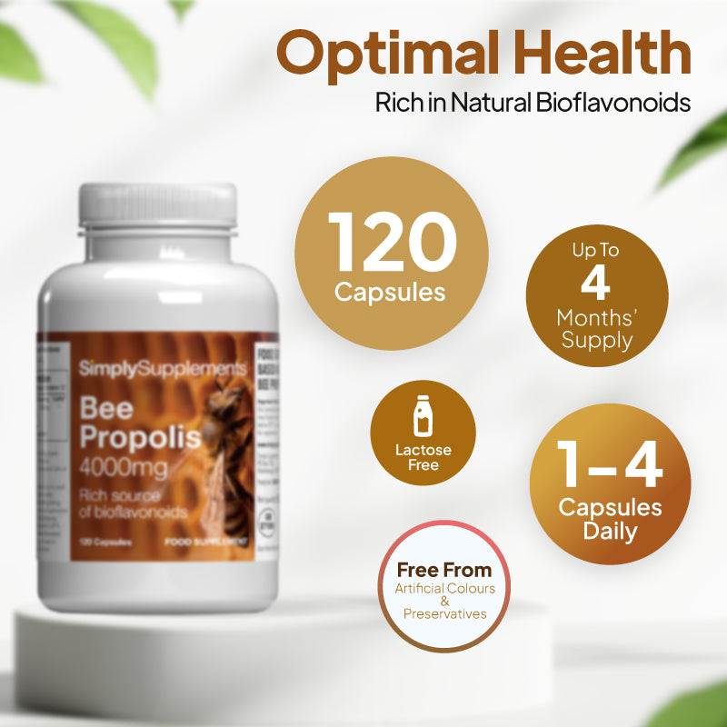 Simply Supplements Bee Propolis 4000mg supplement with 120 capsules, up to 4 months’ supply, 1 to 4 capsules daily, lactose free, and free from artificial colours and preservatives.