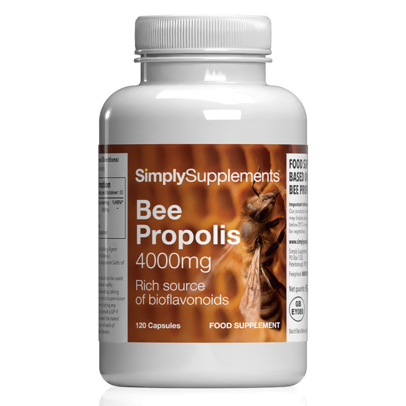 Simply Supplements Bee Propolis 4000mg food supplement, 120 capsules, rich source of bioflavonoids, with bee and honeycomb label design.