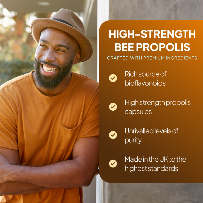 Simply Supplements Bee Propolis lifestyle graphic highlighting high-strength propolis, bioflavonoids, purity, and UK-made quality standards.