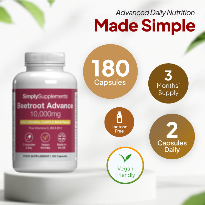 SimplySupplements Beetroot Advance 10,000mg high-potency vitamin D3 & K2 supplement in a white bottle with a dark red label, shown on a white pedestal with marketing callouts for 180 capsules, 3 months supply, lactose free, 2 capsules daily, and vegetarian friendly.