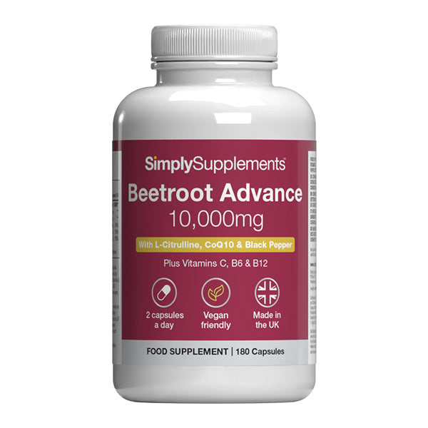 A white plastic bottle of SimplySupplements Beetroot Advance 10,000mg dietary supplement, featuring a dark red label with white and yellow text, on a solid white background.