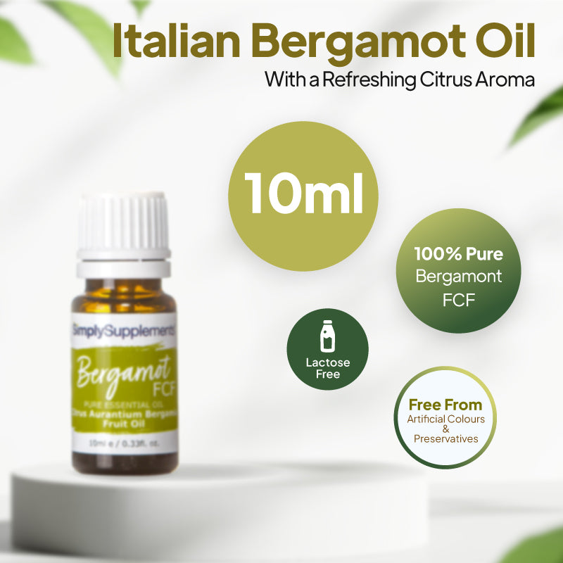 Simply Supplements Bergamot FCF essential oil graphic showing 10ml total, 1 bottle, lactose free formula and free from artificial colours and preservatives.