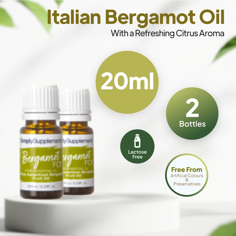 Simply Supplements Bergamot FCF essential oil graphic showing 20ml total, 2 bottles, lactose free formula and free from artificial colours and preservatives.