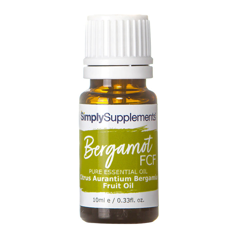 Two bottles of Simply Supplements Bergamot FCF essential oil on a white background