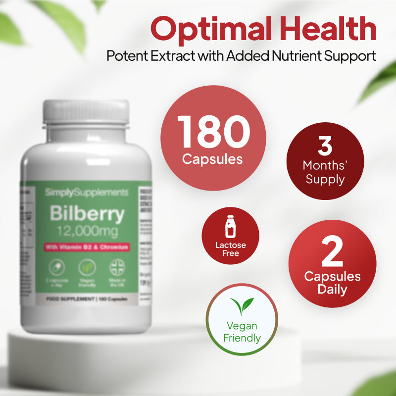 Product infographic for Simply Supplements Bilberry 12000mg, showing a supplement bottle beside a circular layout with bilberries and text highlighting 180 capsules, 3 months’ supply, 2 capsules a day, suitability for vegans and lactose free