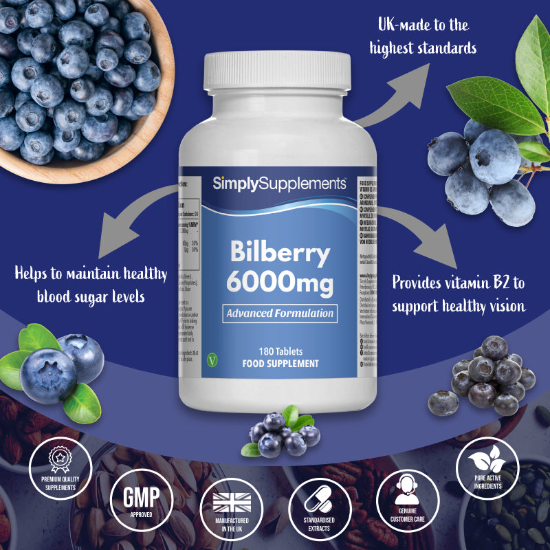 Promotional product graphic for Simply Supplements Bilberry 6000mg, showing the bottle centered on a dark blue background with bilberries and leaves, with text stating it helps maintain healthy blood sugar levels, provides vitamin B2 to support healthy vision, and is UK-made to high standards, plus quality and GMP-style badge icons.