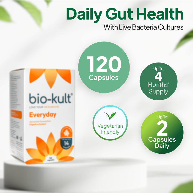 Product infographic for Bio-Kult Everyday, showing the supplement box on a white pedestal against a light background with green circular callouts under the heading “Daily Gut Health” and subheading “With Live Bacteria Cultures,” highlighting 120 capsules, up to 4 months’ supply, vegetarian friendly, and up to 2 capsules daily.