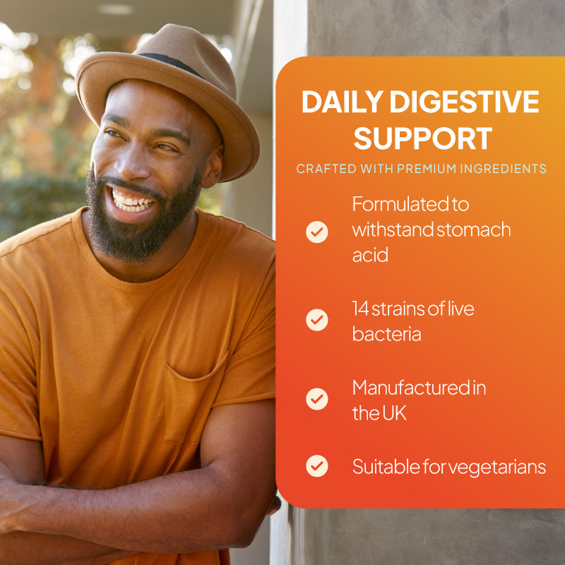 Lifestyle promotional graphic for Bio-Kult Everyday, showing a smiling man in a hat beside a bright orange text panel reading “Daily Digestive Support,” with points highlighting a formula designed to withstand stomach acid, 14 strains of live bacteria, manufacture in the UK, and suitability for vegetarians.
