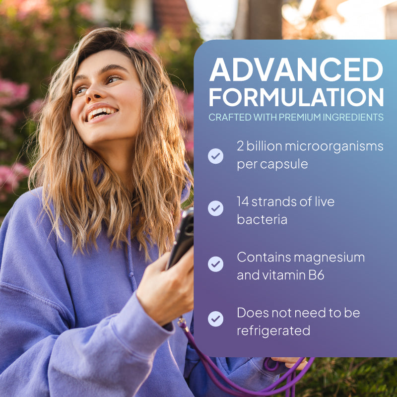 Lifestyle promotional graphic for Bio-Kult Migrea, showing a smiling woman outdoors in a purple hoodie beside a blue-purple text panel reading “Advanced Probiotic Formula,” with points highlighting 2 billion microorganisms per capsule, 14 strands of live bacteria, magnesium and vitamin B6, and no need for refrigeration.