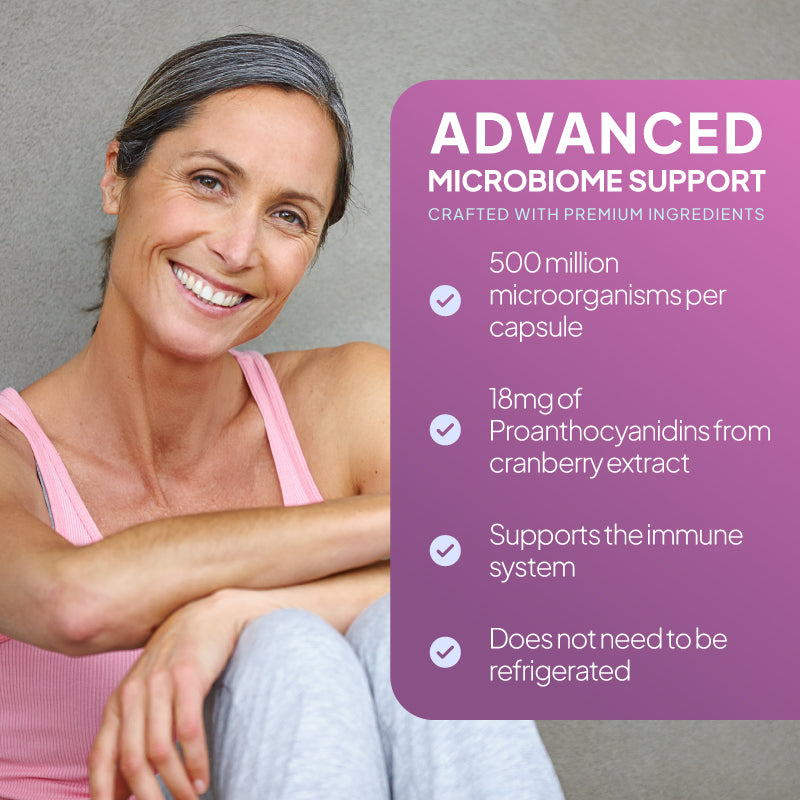 Lifestyle promotional graphic for Bio-Kult Pro-Cyan, showing a smiling woman in a pink top beside a pink text panel reading “Advanced Microbiome Support,” with points highlighting 500 million microorganisms per capsule, 18mg of proanthocyanidins from cranberry extract, immune system support, and no need for refrigeration.