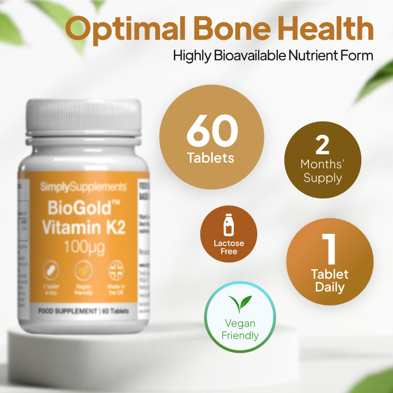 Simply Supplements BioGold Vitamin K2 100µg supplement with 60 tablets, 2 months’ supply, 1 tablet daily, lactose free and vegan friendly.