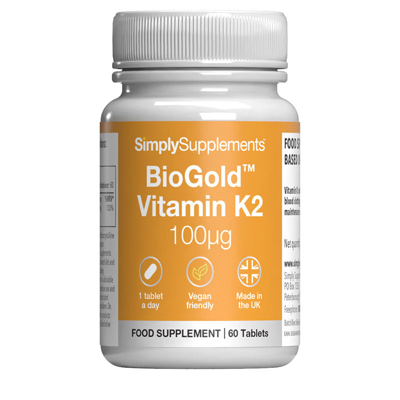 Simply Supplements BioGold Vitamin K2 100µg food supplement, 60 tablets, 1 tablet a day, vegan friendly, made in the UK.