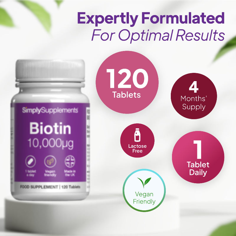 Biotin supplement bottle with dosage- 4 months' supply (1 tablet daily). Vegan Friendly.