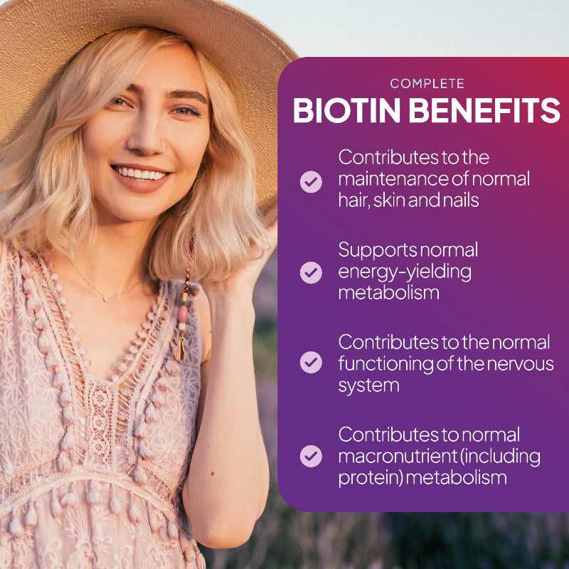 Biotin contributes to the maintenance of normal hair, skin and nails and supports normal energy-yielding metabolism 