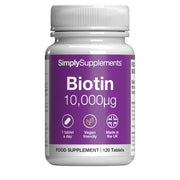 Bottle of SimplySupplements Biotin supplement on a white background